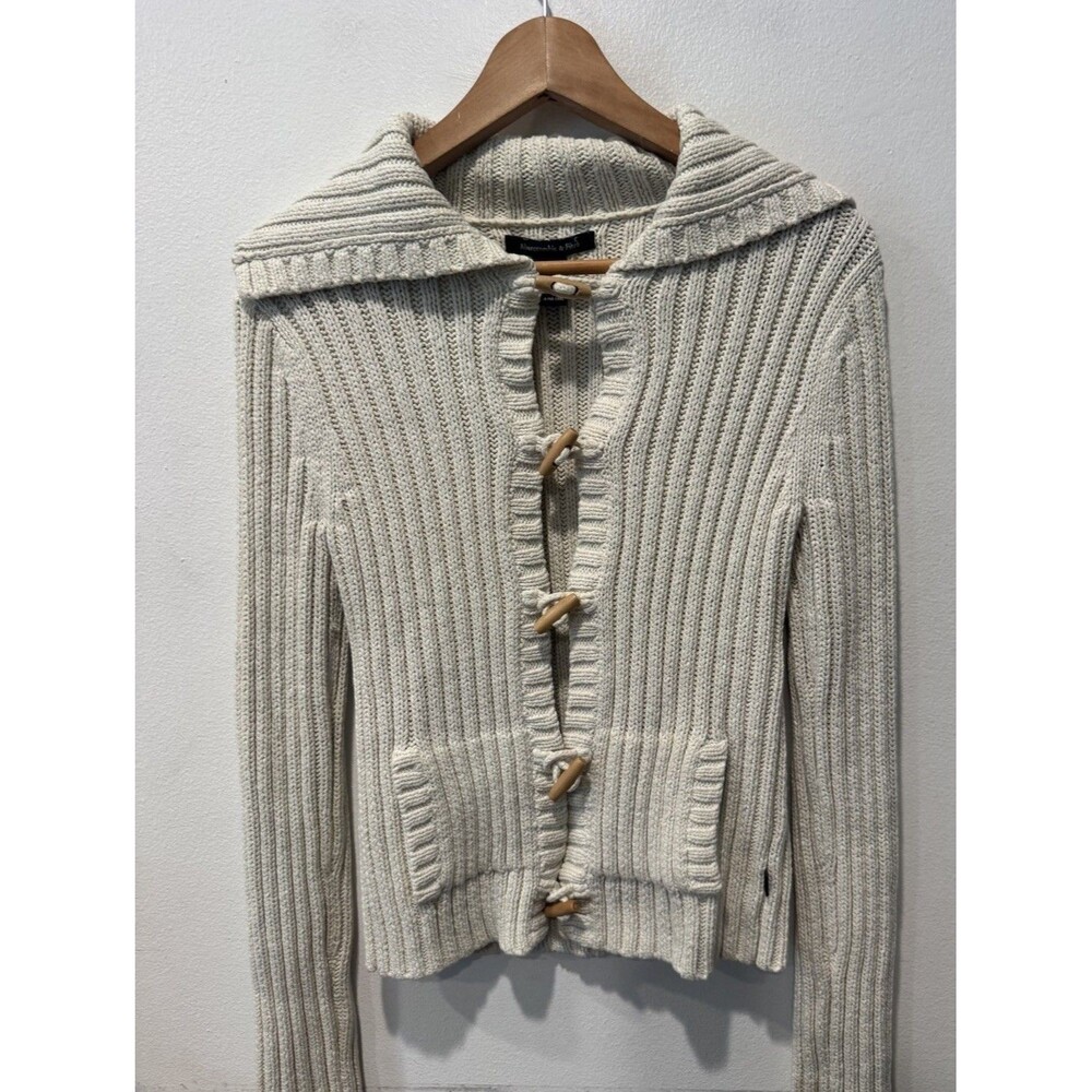 Abercrombie & Fitch Cardigan L Chunky Knit Toggle Shawl Collar Y2K Beige - Picture 7 of 8